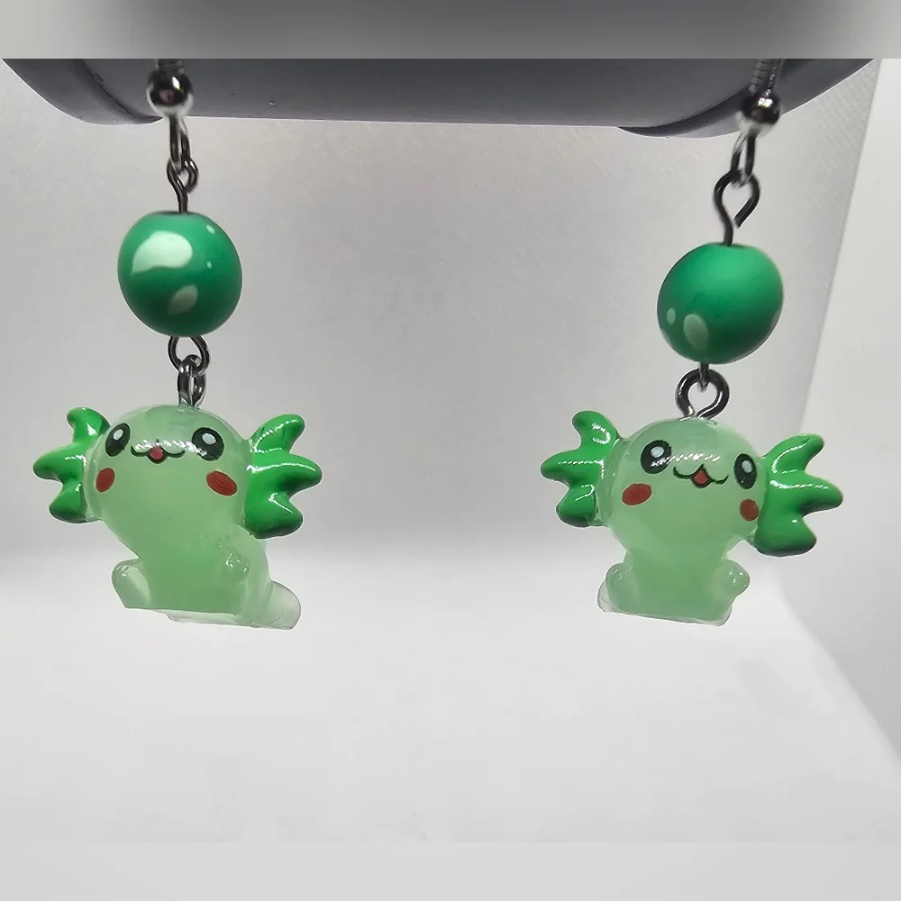 Cute Green Axolotl Earrings - Handmade - Hypoallergenic‎ (Dangle w/ hook)